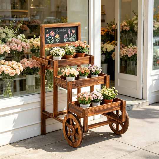 3-Tier Wooden Plant Stand Cart with Wheels - Carbonized Fir