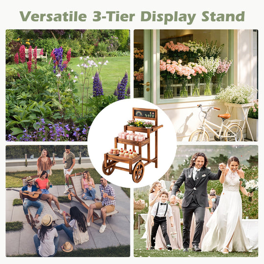 3-Tier Wooden Plant Stand Cart with Wheels - Carbonized Fir