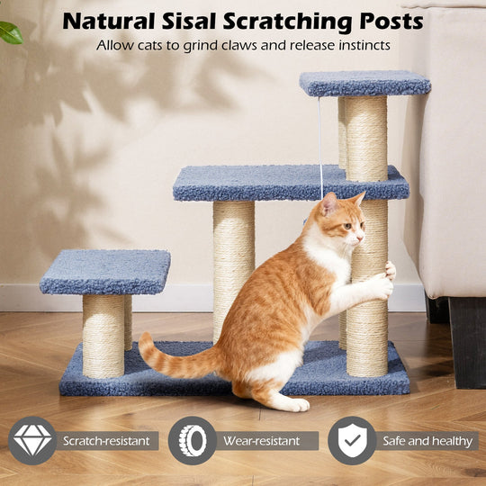 3-Tier Cat Stairs 20 Inch with Scratching Posts and Hanging Toy Ball-Gray