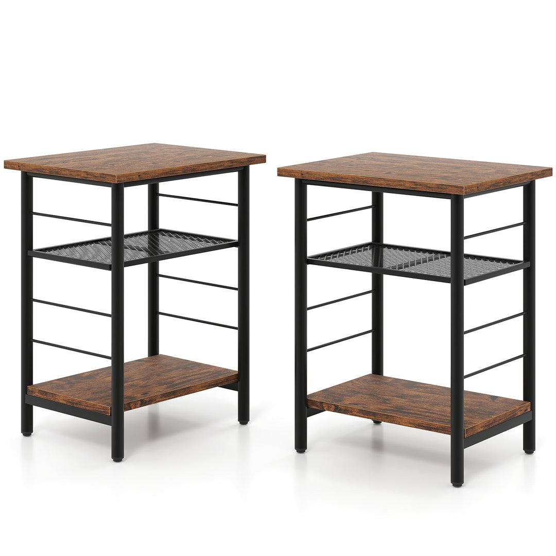 3-Tier End Table Set of 2 Side Table with Storage Shelves Metal Frame-Rustic Brown
