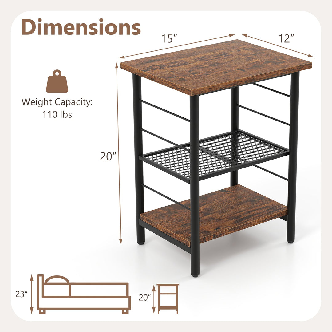3-Tier End Table Set of 2 Side Table with Storage Shelves Metal Frame-Rustic Brown