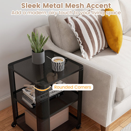 3-Tier End Table with Wheels Rolling Side Table with Open Storage Shelves