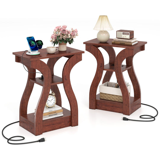 3-Tier End Tables with Charging Station Set of 2 with Open Storage Shelves