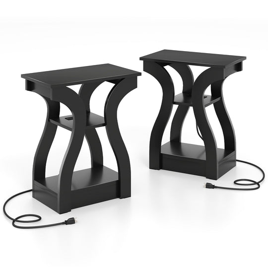 3-Tier End Tables with Charging Station Set of 2 with Open Storage Shelves