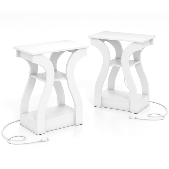 3-Tier End Tables with Charging Station Set of 2 with Open Storage Shelves