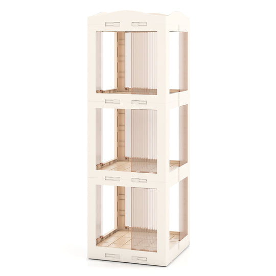3-Tier Foldable Rotating Bookshelf with Swivel Base and Translucent Panels-White