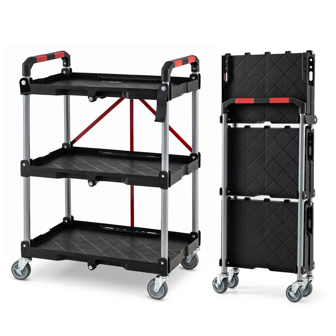 3-Tier Folding Utility Cart with Swivel Wheels and Brakes