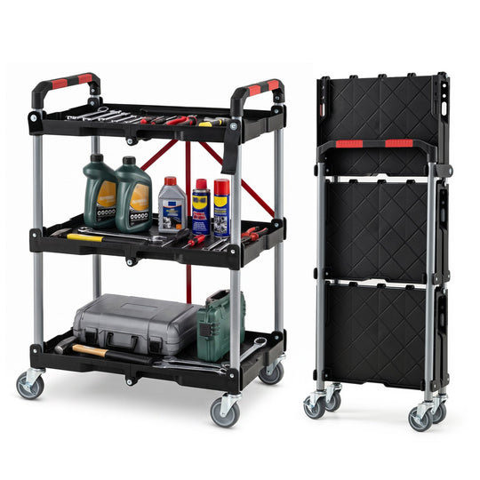 3-Tier Folding Utility Cart with Swivel Wheels and Brakes