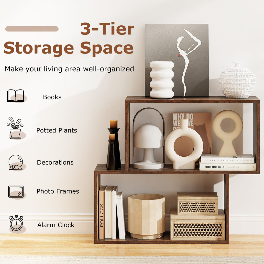 3-Tier Geometric Bookshelf Freestanding Wooden Bookcase with 2 Cubic Compartments-Brown