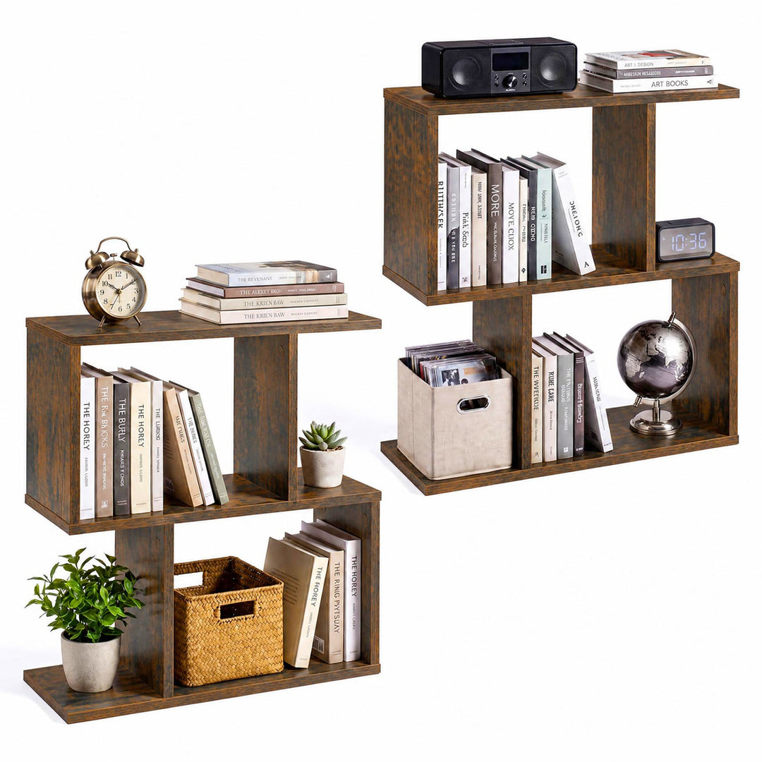 3-Tier Geometric Bookshelf Set of 2 - S-Shape Display Shelf