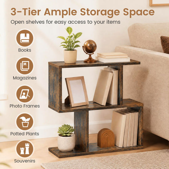 3-Tier Geometric Bookshelf Set of 2 - S-Shape Display Shelf