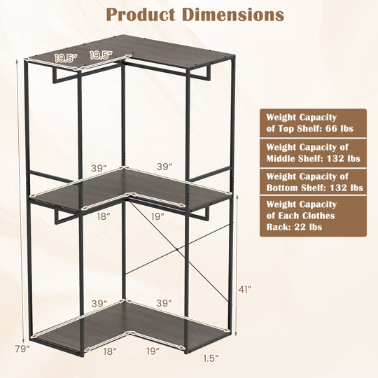 3-Tier Heavy Duty Clothes Rack with 3 Shelves & 2 Hanging Racks