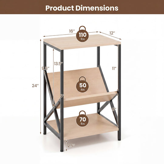 3-Tier Industrial Side Table with V-Shaped Bookshelf