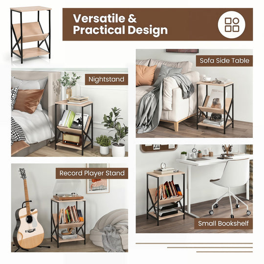 3-Tier Industrial Side Table with V-Shaped Bookshelf