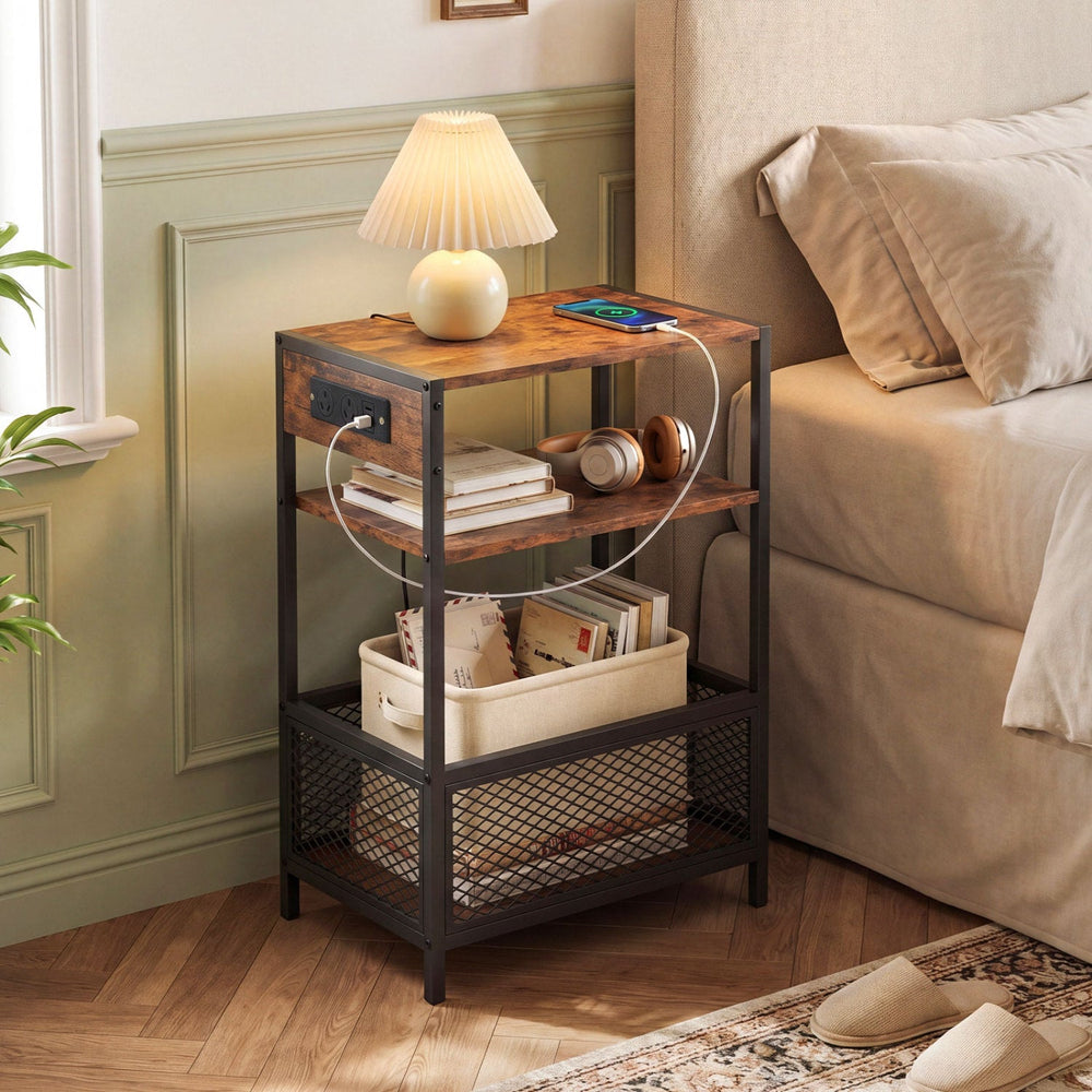 Industrial Side Table with USB-C & AC Outlets, 3-Tier
