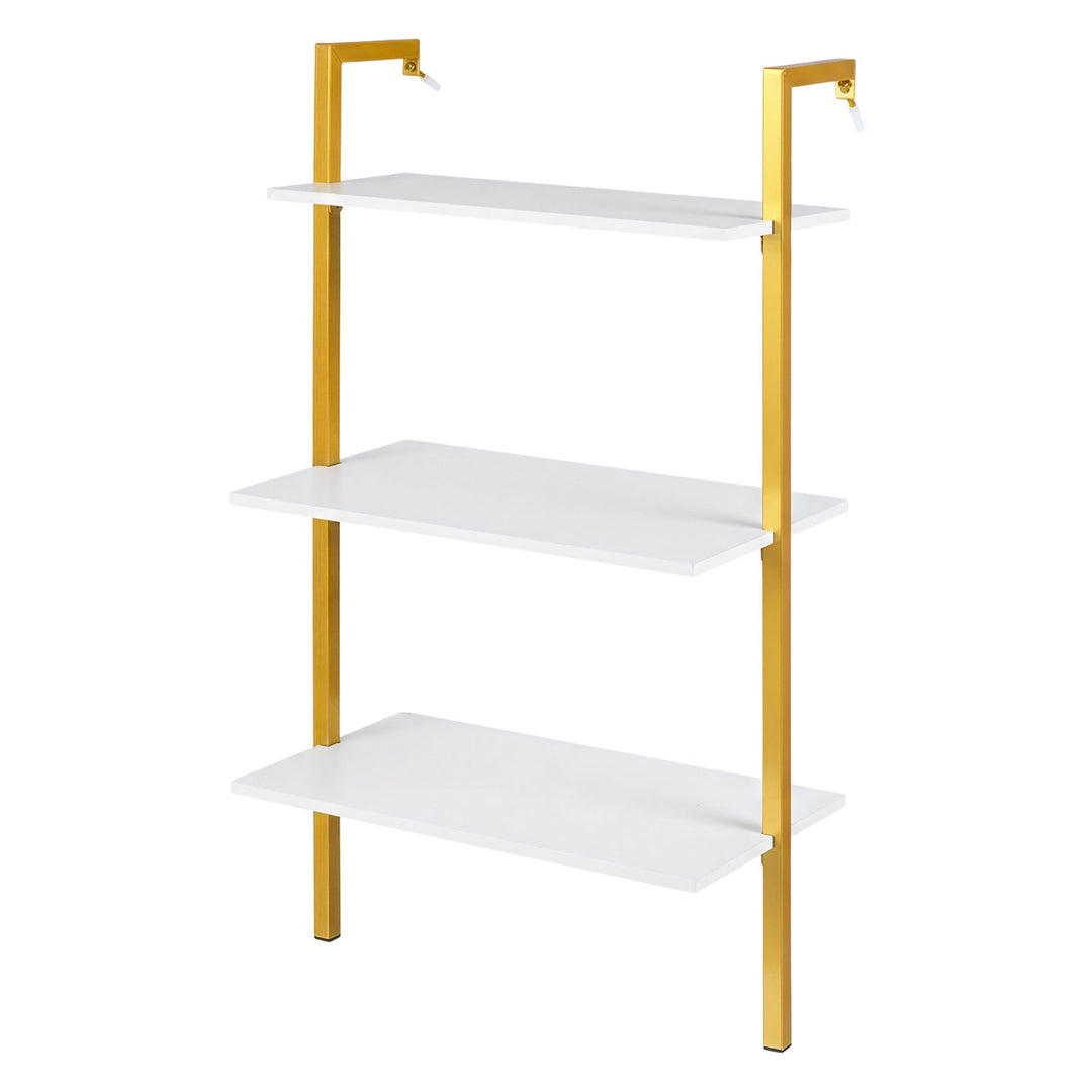 3-Tier Modern Wall Mounted Shelves Wooden Floating Shelving Unit Metal Ladder Bookshelf