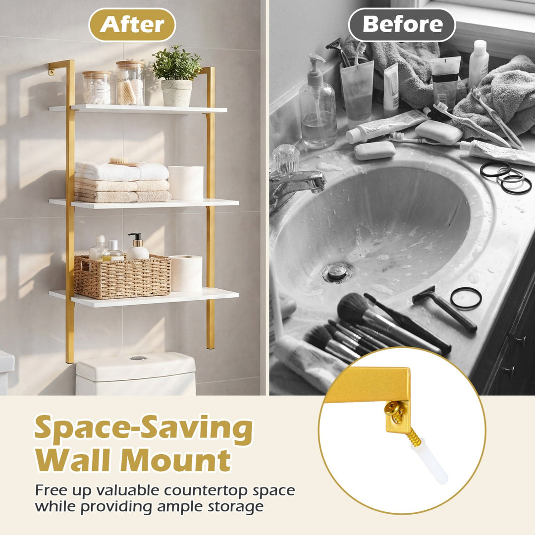 3-Tier Modern Wall Mounted Shelves Wooden Floating Shelving Unit Metal Ladder Bookshelf