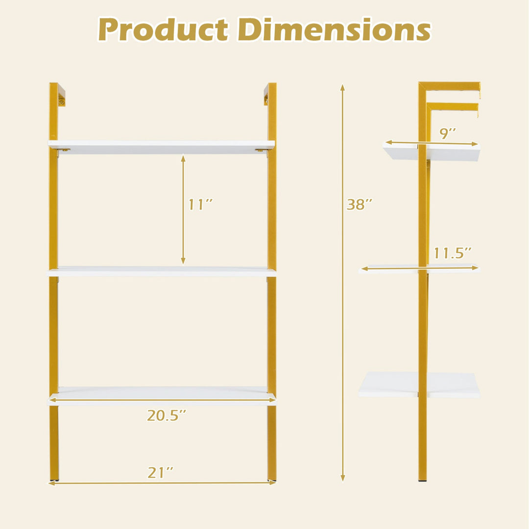 3-Tier Modern Wall Mounted Shelves Wooden Floating Shelving Unit Metal Ladder Bookshelf