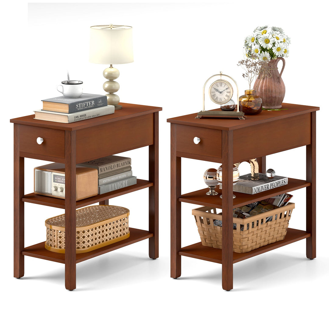 3-Tier Narrow End Table with Drawer and Storage Shelves Set of 2