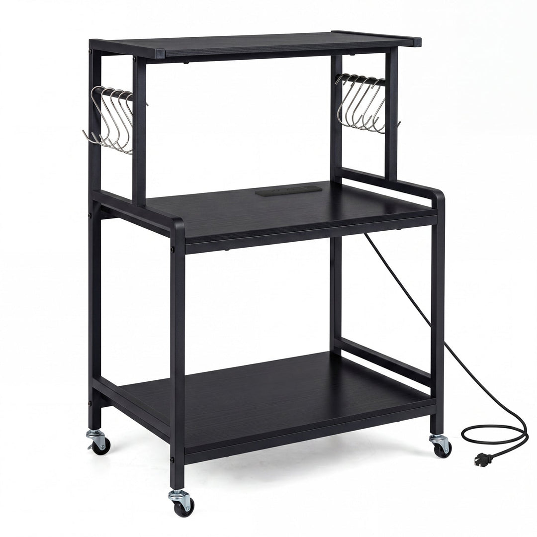 3-Tier Rolling Microwave Cart with Power Outlet and Hooks