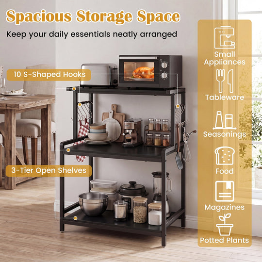 3-Tier Rolling Microwave Cart with Power Outlet and Hooks