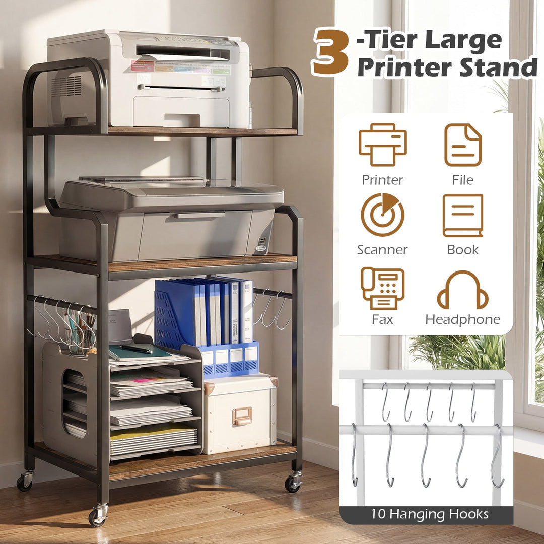 3-Tier Rolling Printer Stand Home Office Large Printer Cart with Storage Shelves