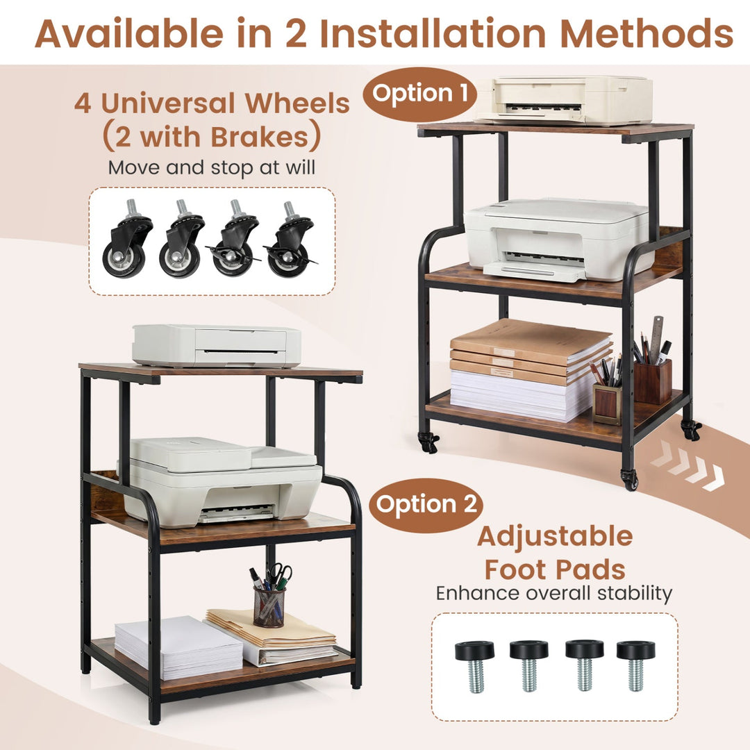 3-Tier Rolling Printer Stand with Adjustable Shelf