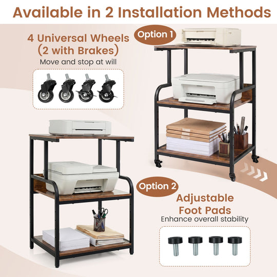 3-Tier Rolling Printer Stand with Adjustable Shelf