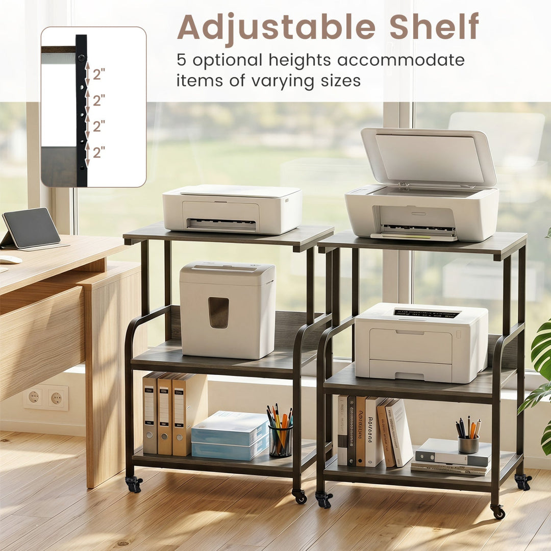 3-Tier Rolling Printer Stand with Adjustable Shelf