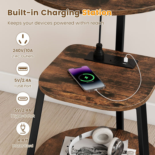3-Tier Round End Table with Charging Station with Metal Frame-1 pack