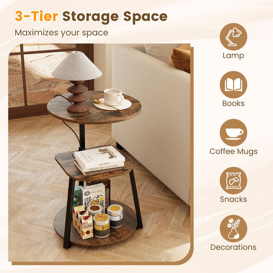 3-Tier Round End Table with Charging Station with Metal Frame-1 pack