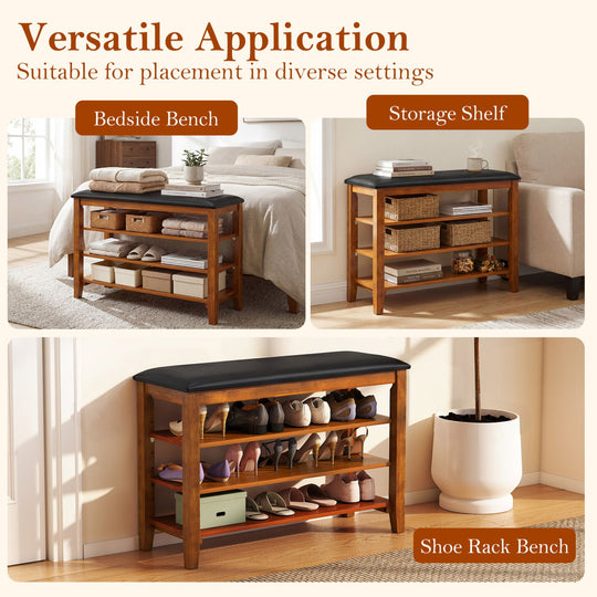 3-Tier Shoe Rack Bench with Adjustable Shelves and Soft Cushion for Entryway and Living Room