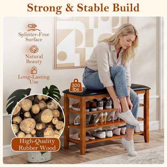 3-Tier Shoe Rack Bench with Adjustable Shelves and Soft Cushion for Entryway and Living Room