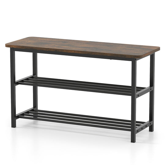 3-Tier Shoe Rack Shoe Bench with Metal Slat Shelves and Long Wooden Seat-Rustic Brown