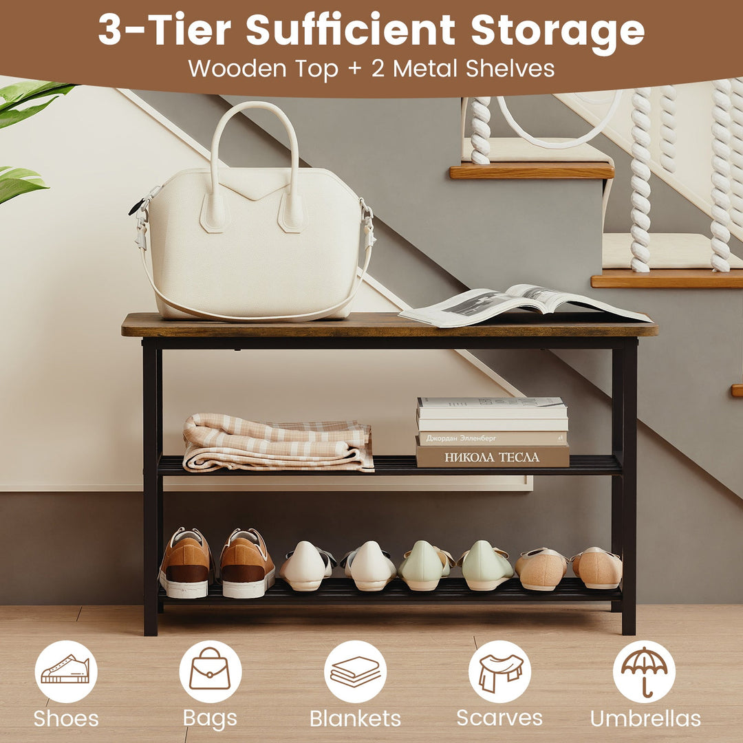 3-Tier Shoe Rack Shoe Bench with Metal Slat Shelves and Long Wooden Seat-Rustic Brown