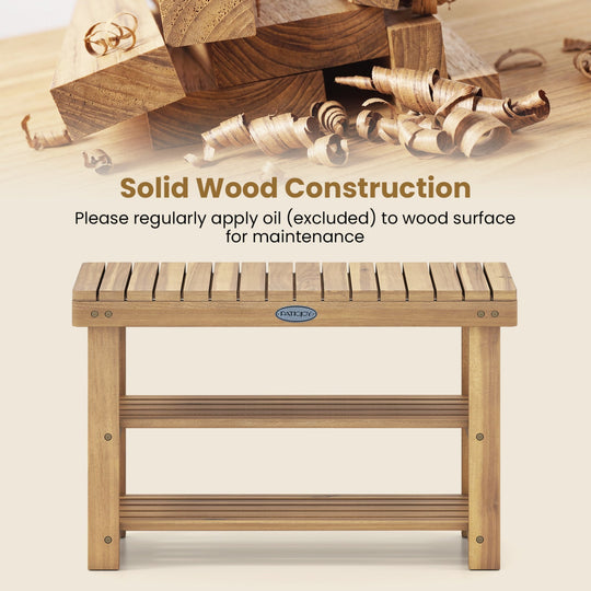 3-Tier Solid Wood Shoe Rack Bench with Slatted Shelves