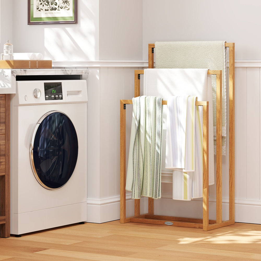 3-Tier Teak Wood Towel Rack with 3 Hanging Crossbars