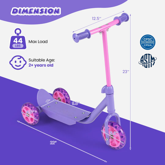 3 Wheels Scooter for Kids Age 2+ with LED Light-Up Wheels and Wide Anti-Slip Deck