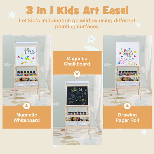 3-in-1 Kids Art Easel with Magnetic Whiteboard & Chalkboard