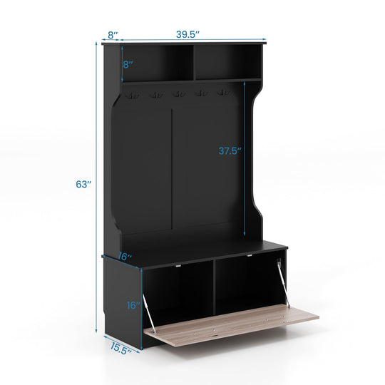 3 in 1 Coat Rack with Entryway Bench and Hooks and Enclosed Cabinet