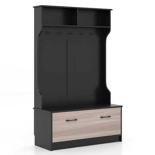 3 in 1 Coat Rack with Entryway Bench and Hooks and Enclosed Cabinet