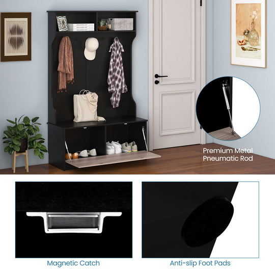 3 in 1 Coat Rack with Entryway Bench and Hooks and Enclosed Cabinet