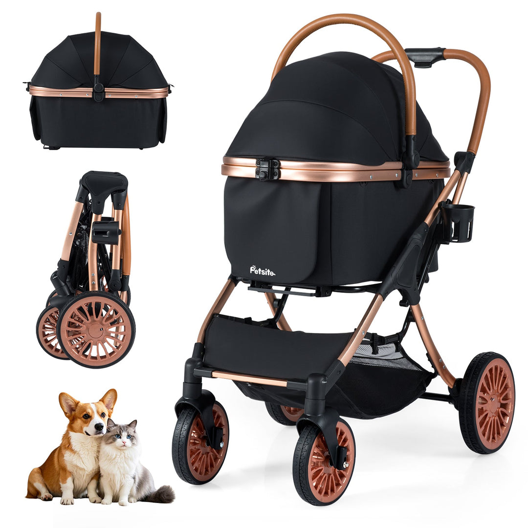3-in-1 Foldable Pet Stroller with Sun Shade and Safety Belt for up to 55 lbs Small Medium Dogs Cats-Black