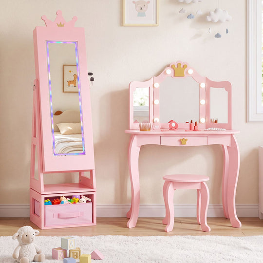 3-in-1 Kids Jewelry Cabinet with Lighted Full Length Mirror and Internal Mirror