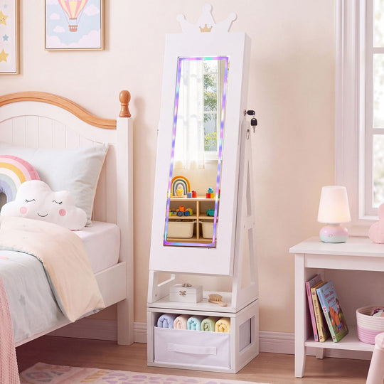 3-in-1 Kids Jewelry Cabinet with Lighted Full Length Mirror and Internal Mirror