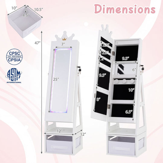 3-in-1 Kids Jewelry Cabinet with Lighted Full Length Mirror and Internal Mirror