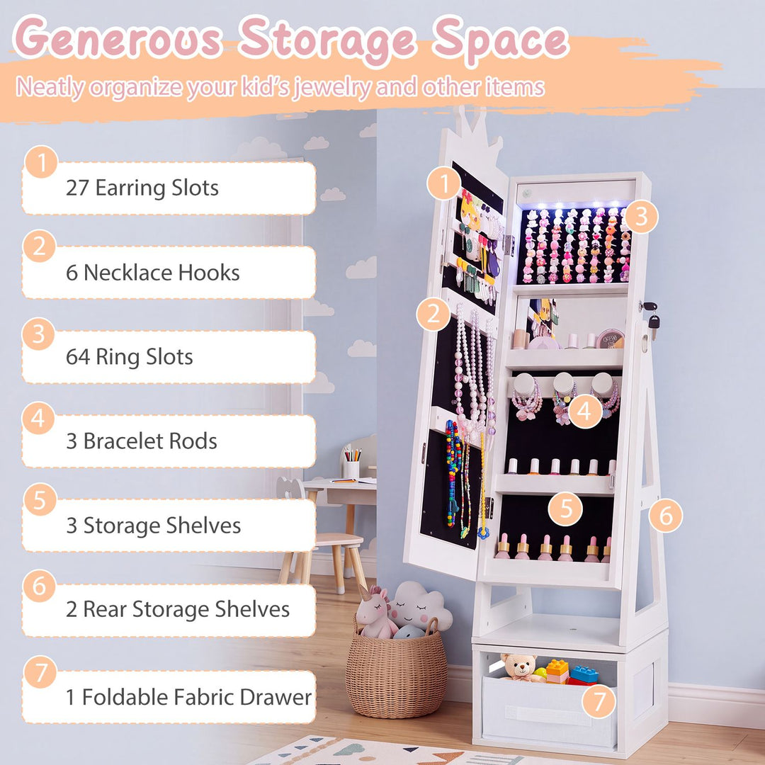 3-in-1 Kids Jewelry Cabinet with Lighted Full Length Mirror and Internal Mirror