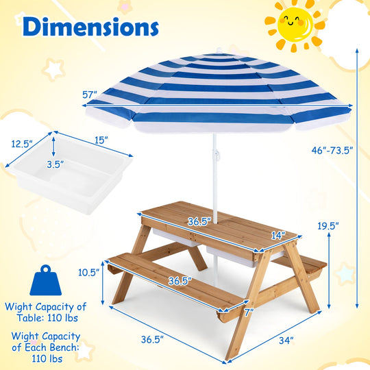 Kids Outdoor Picnic Water Sand Table with Umbrella