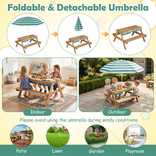 Kids Outdoor Picnic Water Sand Table with Umbrella
