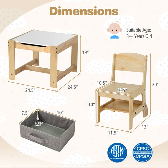 3 in 1 Kids Table and Chair Set with Removable Tabletop and 2 Storage Drawers